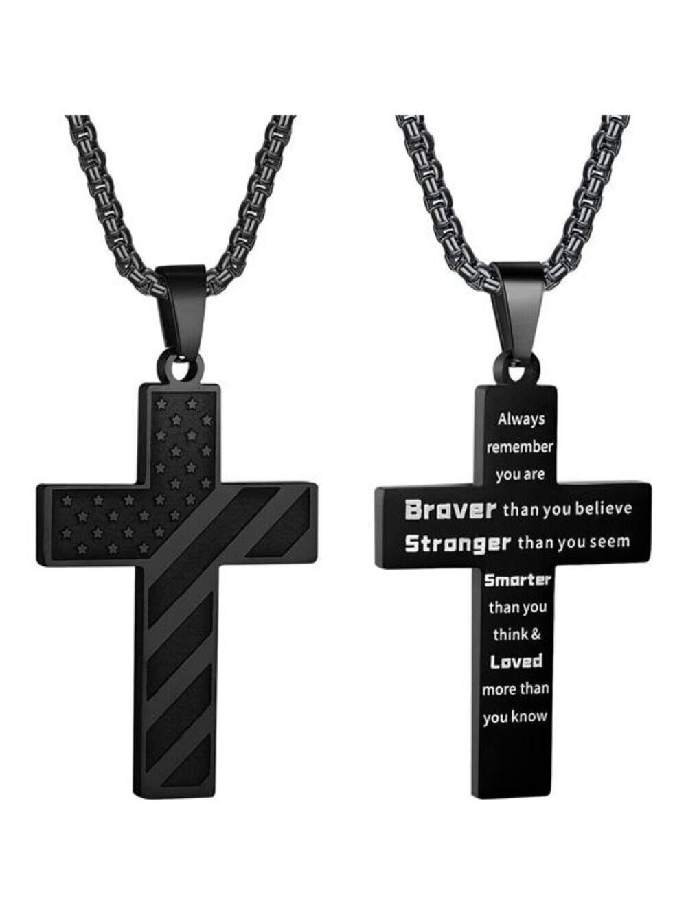 Black American Flag Cross Necklace Men Stainless Steel Box Chain 22+2 inch NEW